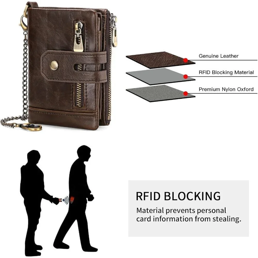 ✨Men Brown Chain Wallets Bifold Blocking with Chain Leather with Coin Pocket